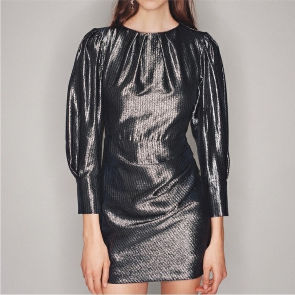 Maje- Black Metallic Ralery Longsleeve Mini Dress - Picture 2 of 6
